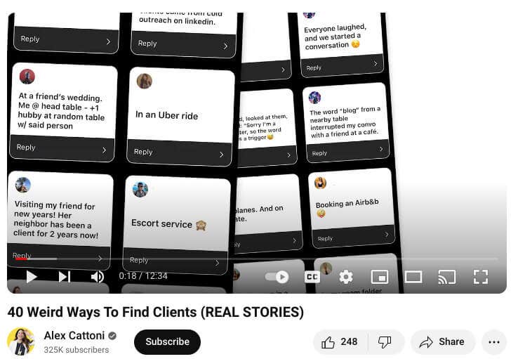 Screenshot from an Alex Cattoni video where she shows examples of responses from her viewers