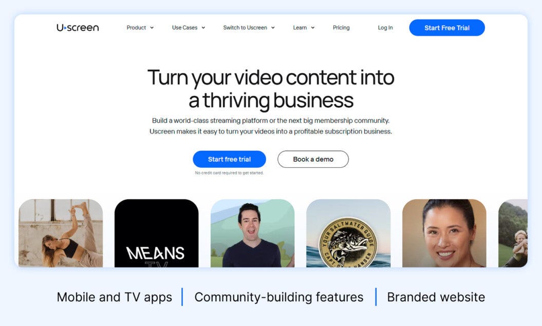 Uscreen homepage featuring a start a free trial and a book a demo button.