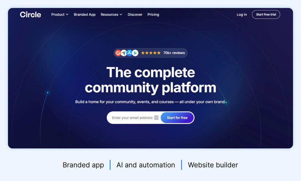 Circle homepage featuring highlights like branded app, AI and automation and website builder