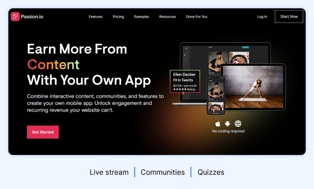 Passion homepage with highlights like live stream, communities, and quizzes