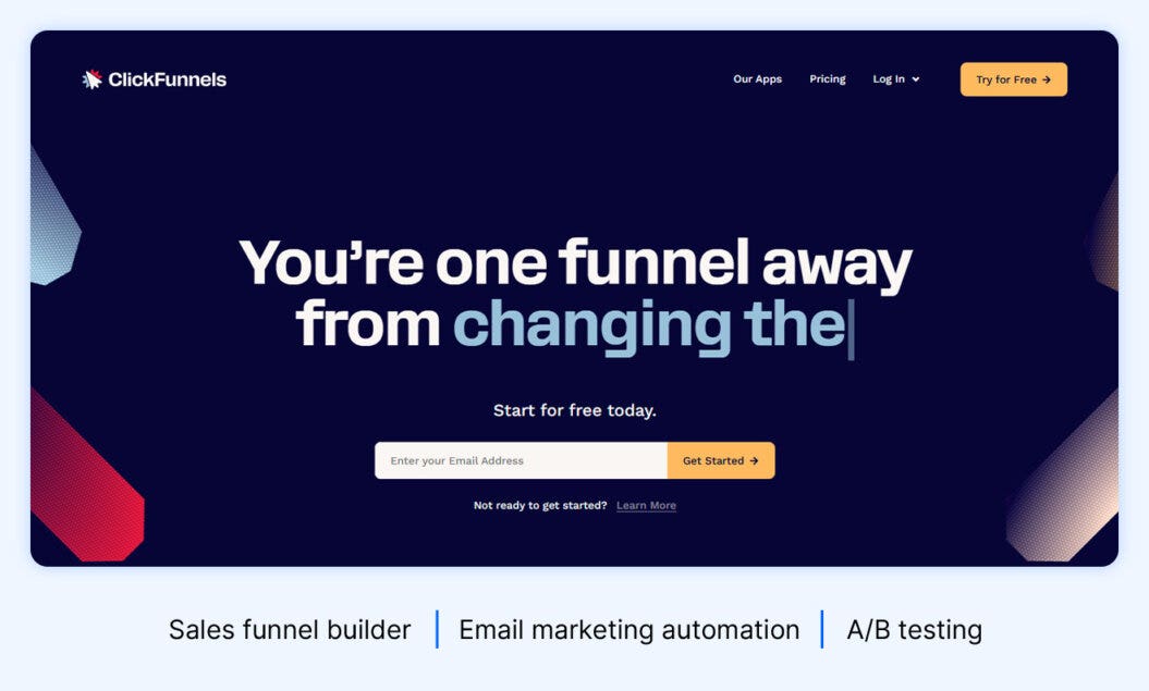 Clickfunnels homepage featuring a sign up email field