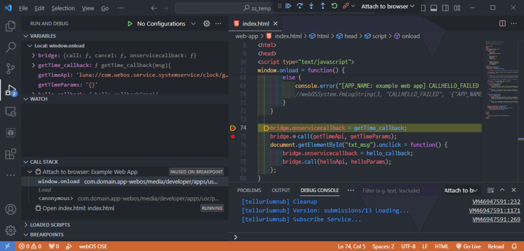 an image showing the debugging console for webOS