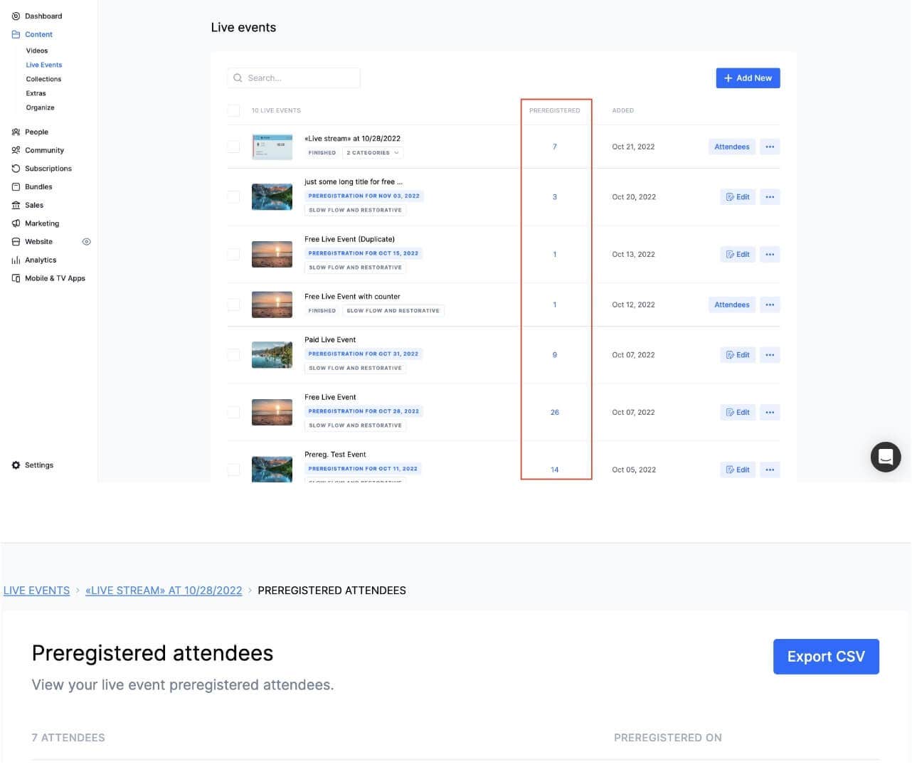 The screenshot shows the 'Live events' management page on the Uscreen platform. The left side navigation bar includes options like Dashboard, Content, People, and Analytics.