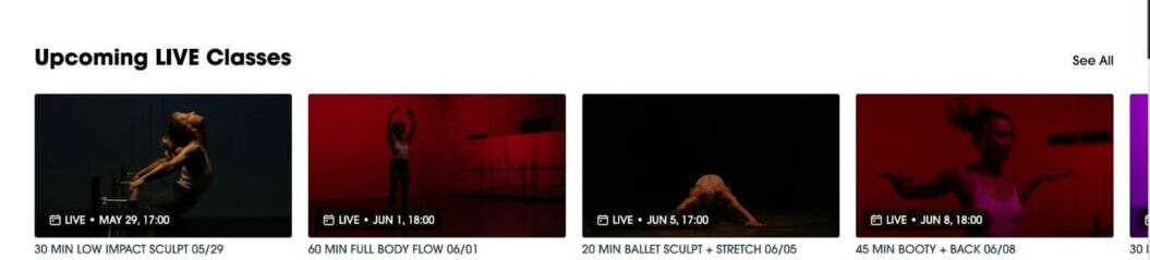 example of M/BODY live classes scheduled on their platform