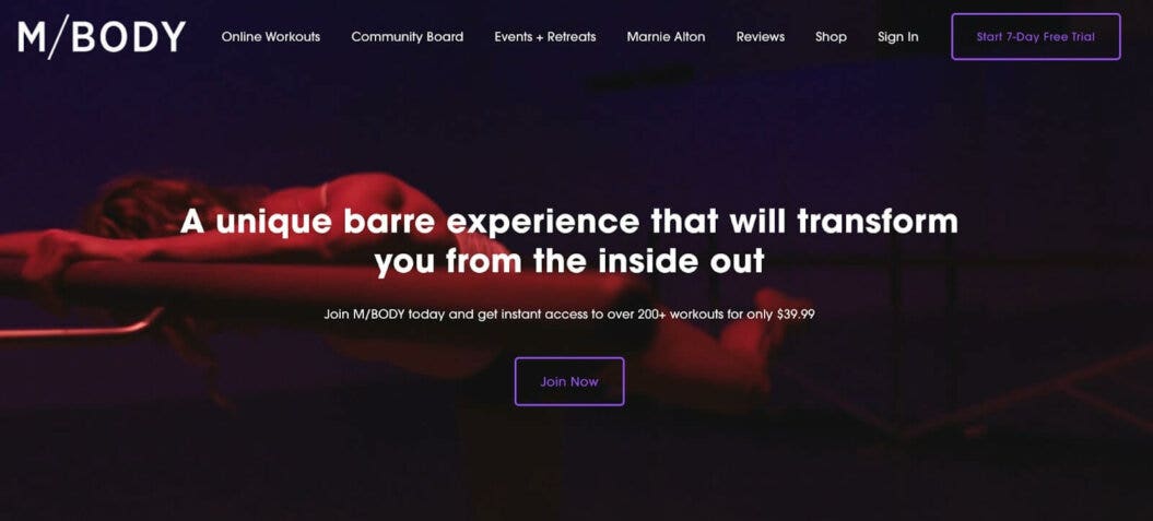 screenshot of M/BODY live stream fitness class homepage