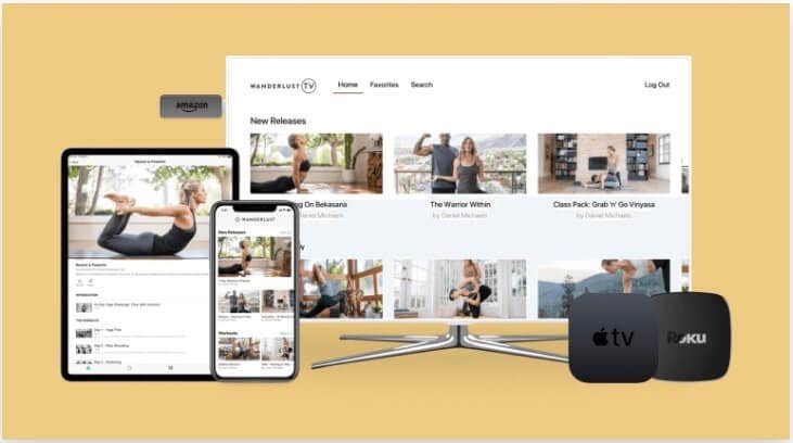 uscreen's product offering, including apps showing on a television, mobile, and tablet device