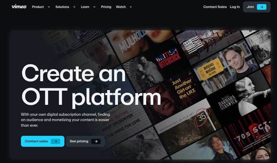 vimeo ott dashboard with copy "create an ott platform"