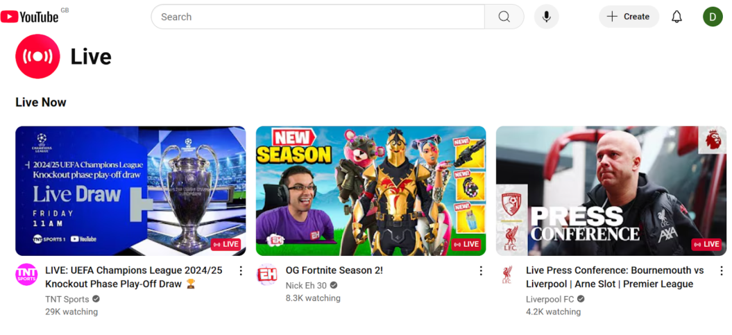 youtube live homepage