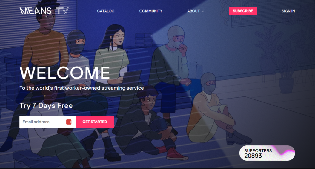 Homepage of Means TV displaying an animated group and welcome message, highlighting a 7-day free trial for the worker-owned streaming platform.