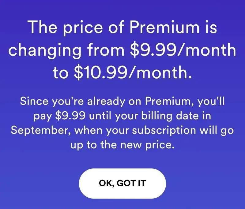 Spotify informing the customers the reason behind it's price hike
