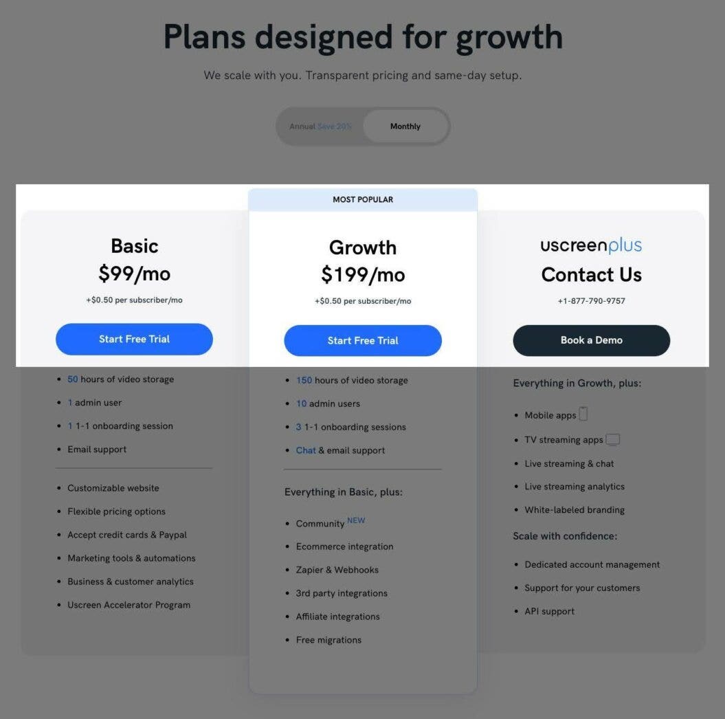Example of a tiered pricing approach for the different level of customers - basic, growth and plus