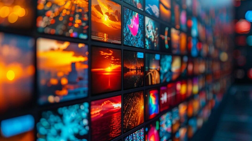 A collection of video thumbnails in a digital video library, featuring vibrant and diverse images.