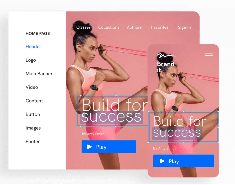 Website design mockup showcasing a fitness class promotion with options to sign in and play, highlighting a responsive layout.