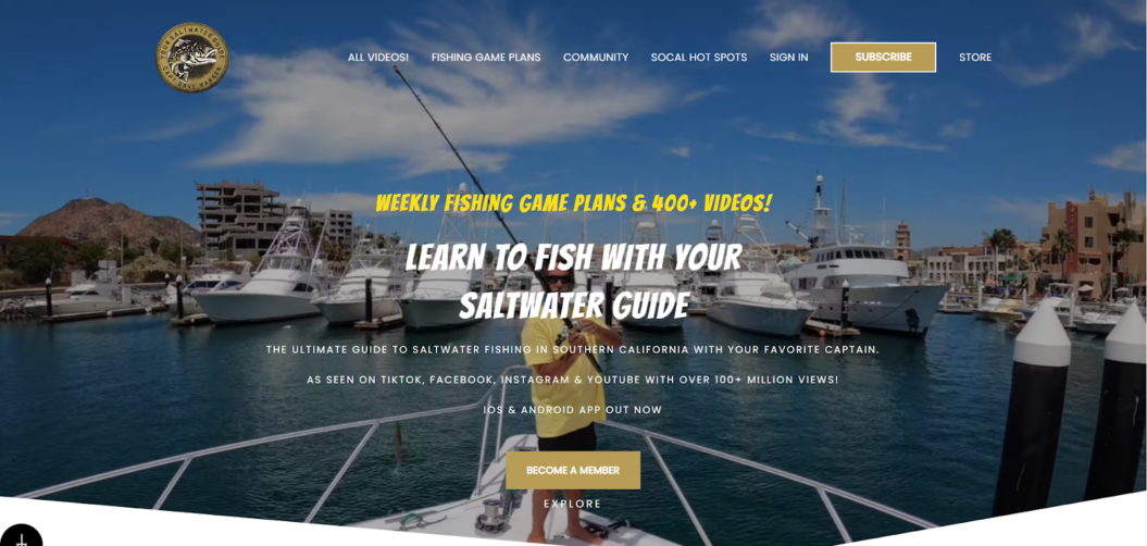 Harbor view with boats and a fisherman on the homepage of Your Saltwater Guide.