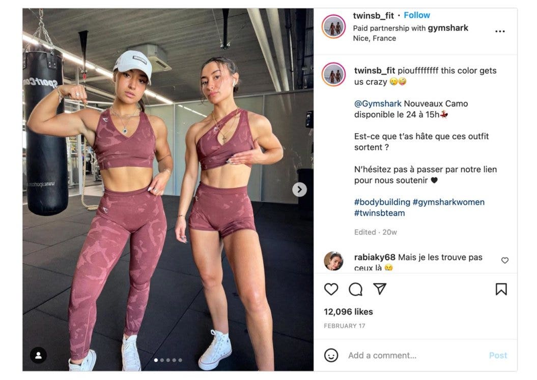 Fitness French twins, Clara and Laura, promoting fitness clothing equipment from Gymshark.