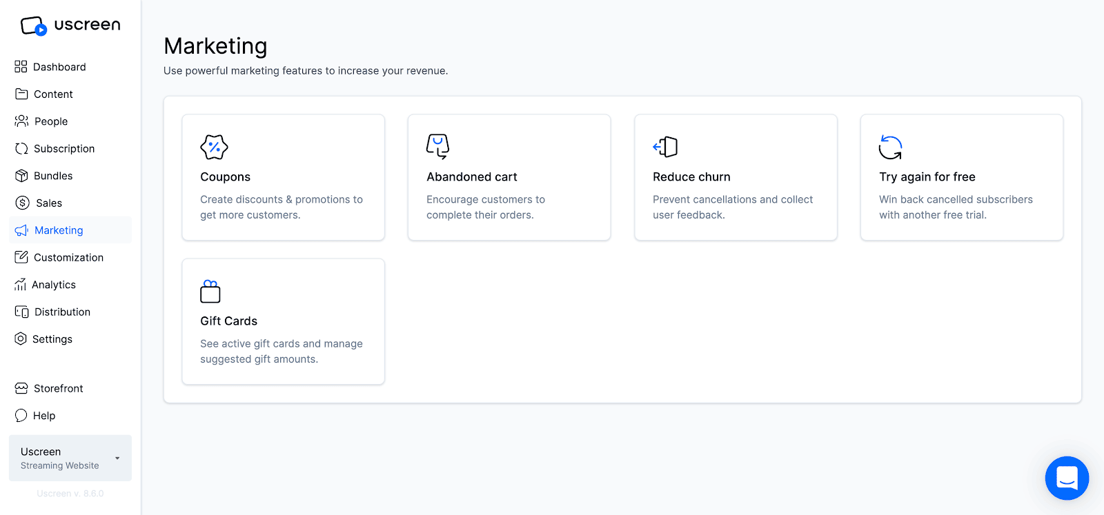 Marketing tools and features inside the admin area