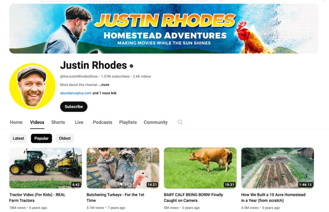 Screenshot of Justin Rhodes's YouTube channel homepage
