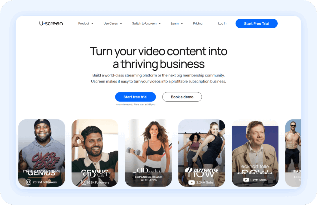Uscreen homepage with copy " turn your video content into a thriving business"