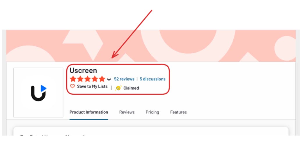 Screenshot of Uscreen's g2 reviews with the star rating circled in red