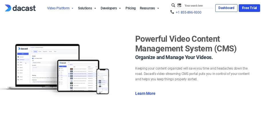 an image showing the video platform page of Dacast featuring their Video Content Management System