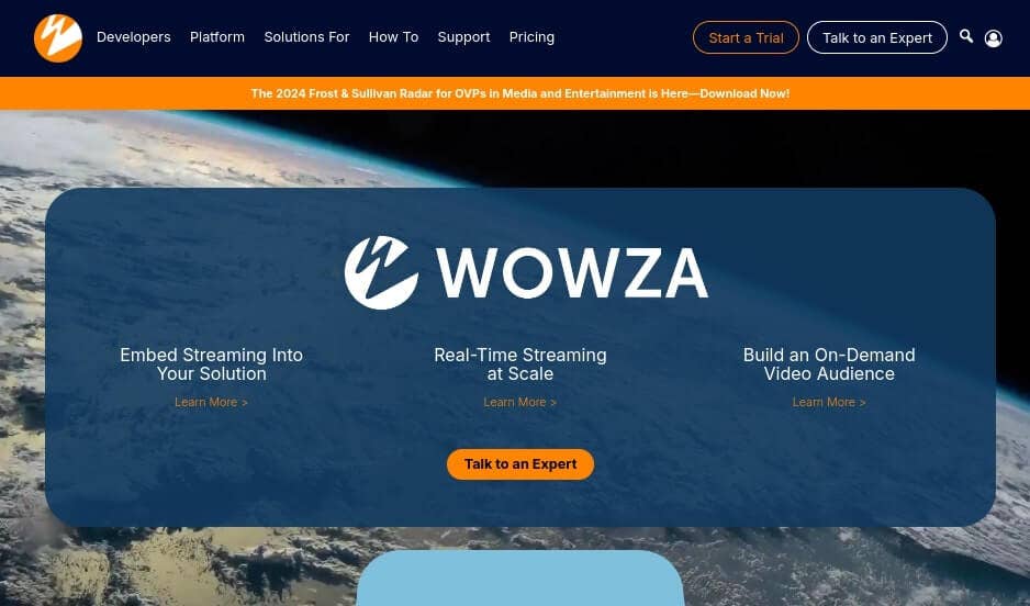 an image showing the landing page of Wowza