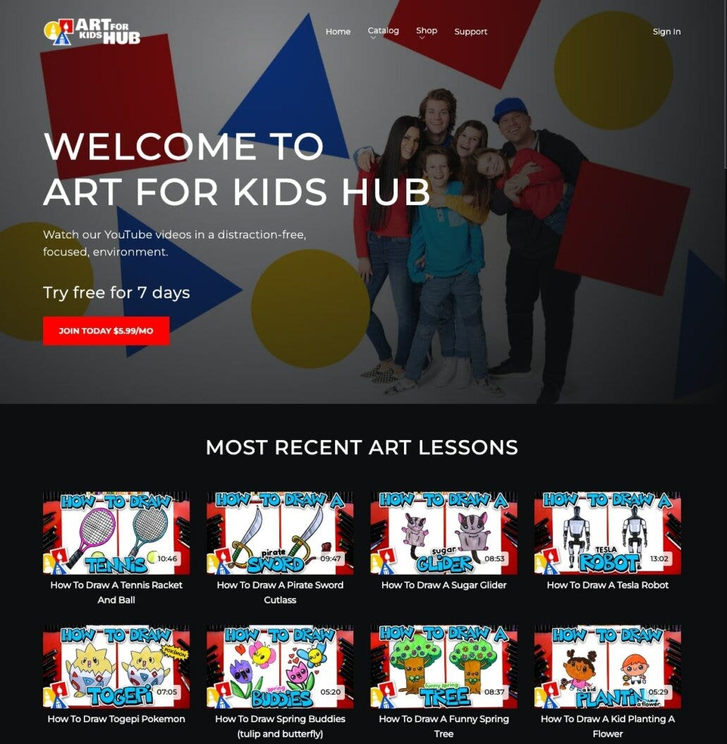 screenshot showing Art for Kids video library for their OTT subscription