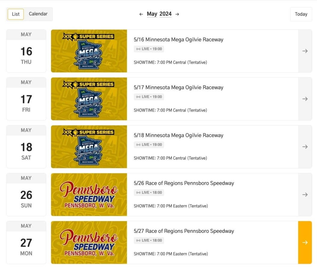 screenshot of XR+'s upcoming live events