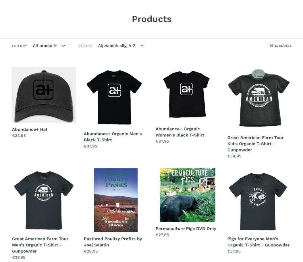 screenshot showing Abundance+'s merch available to purchase