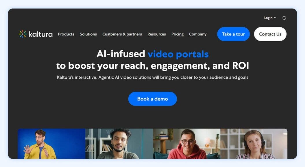 Kaltura homepage with copy: extraordinary video portals to boost your reach, engagement, and ROI.