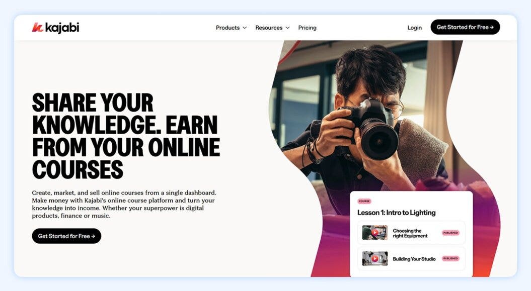 Kajabi homepage with copy: Share your knowledge. Earn from your Online Courses
