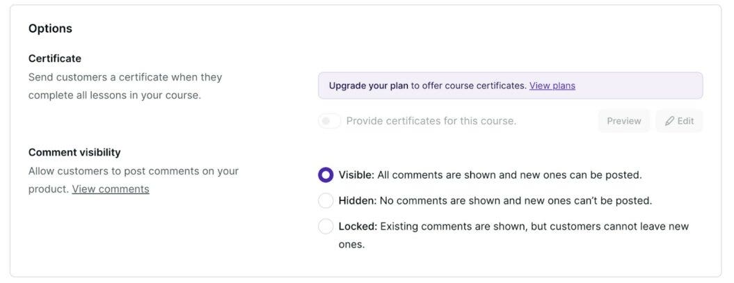 Podia certificates and comment visibility
