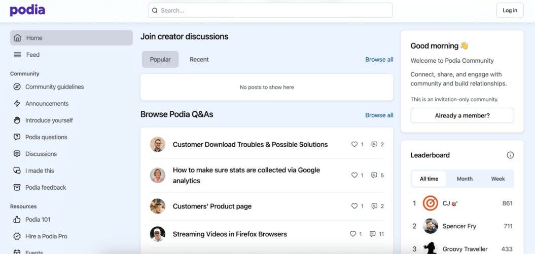 Podia Community dashboard