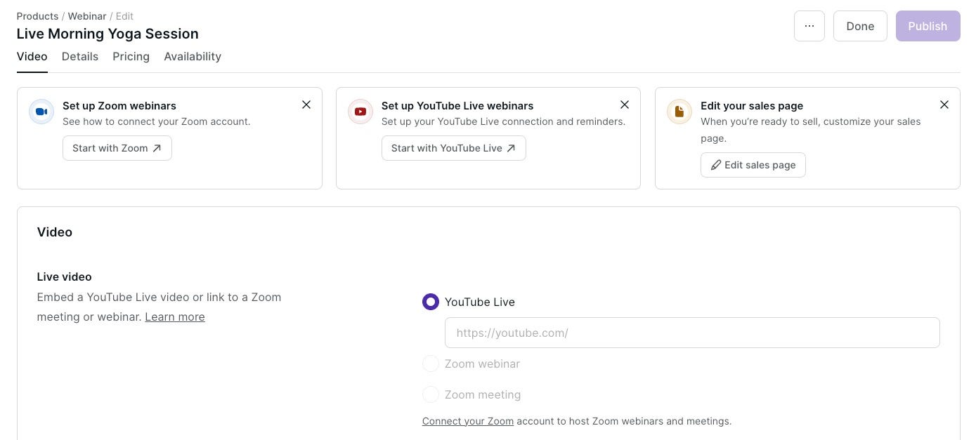 Podia webinar settings