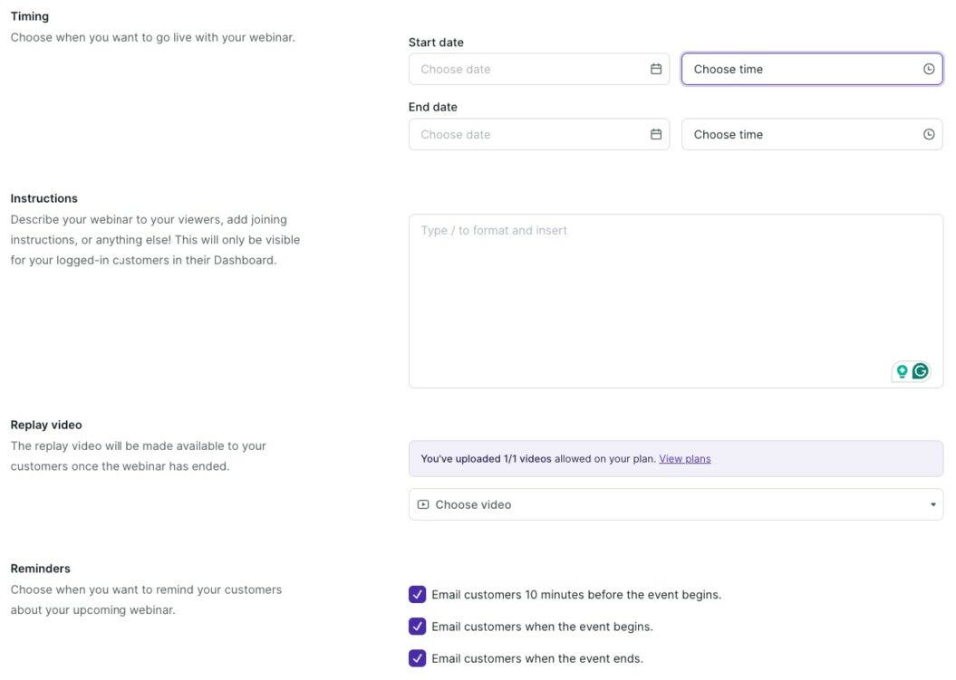 Podia webinar settings