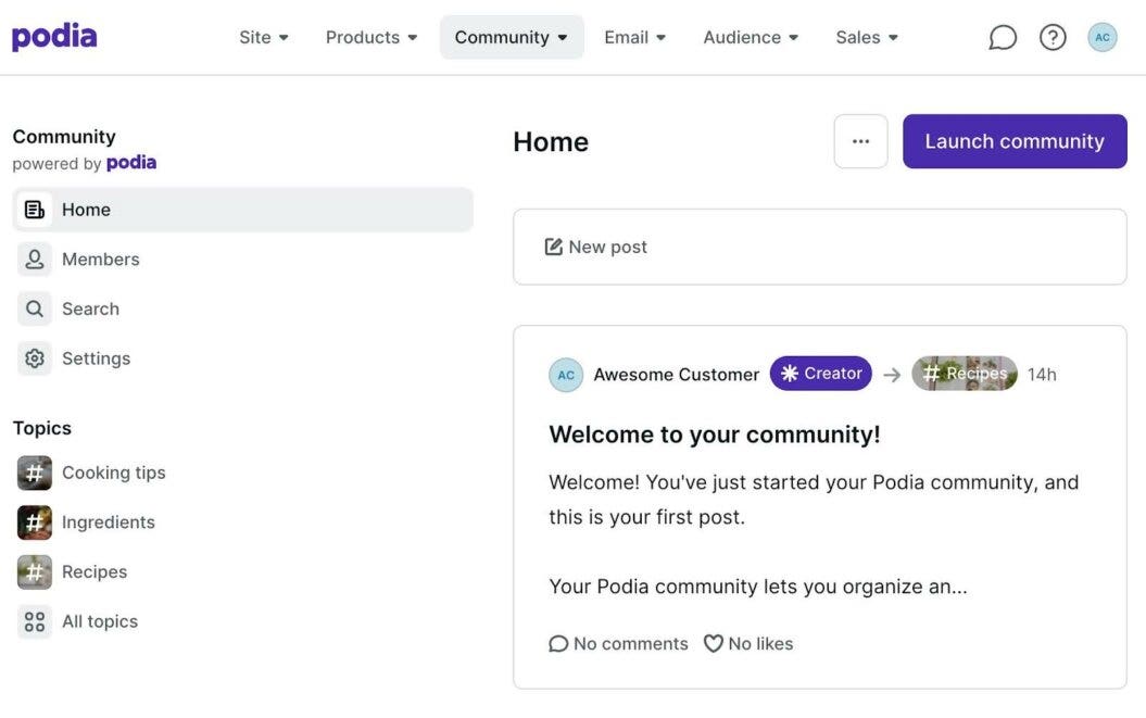 podia community home dashboard
