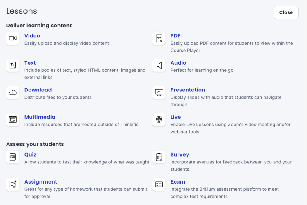 list of lessons available