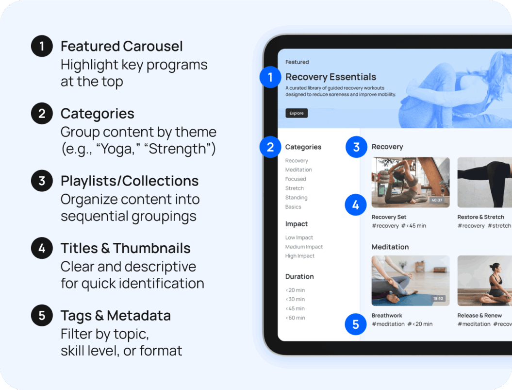 Example of a well-organized video library highlighting key features like tags, metadata, and content categories.