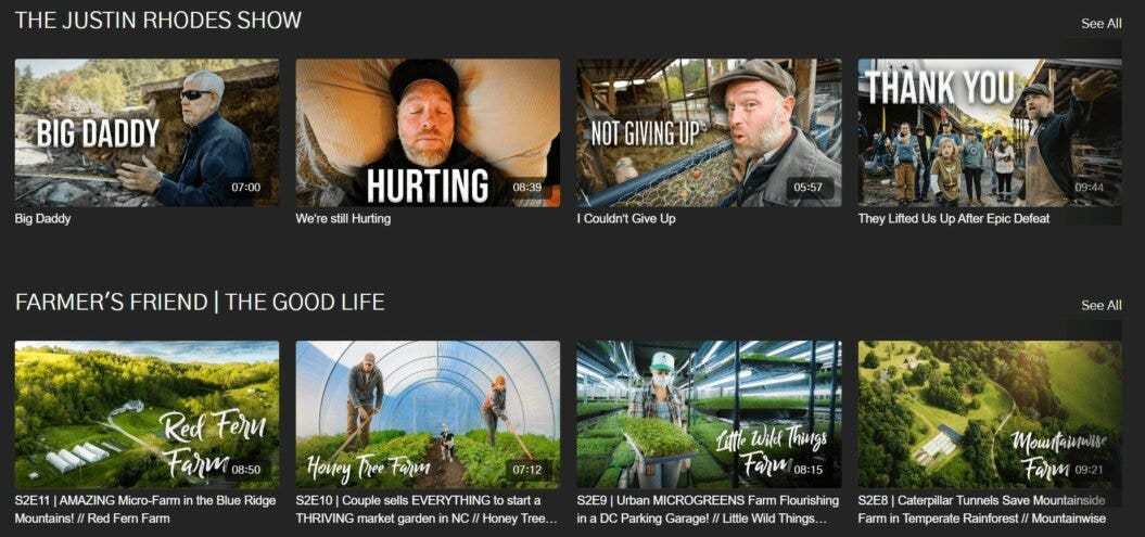 An image of Abundance Plus showing a video catalog for The Justin Rhodes Show and Farmer's Friend