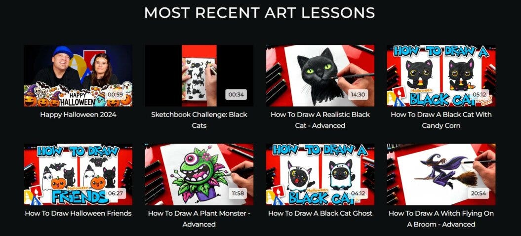 an image of Art for Kids Hub's page displaying most recent art lessons video catalog