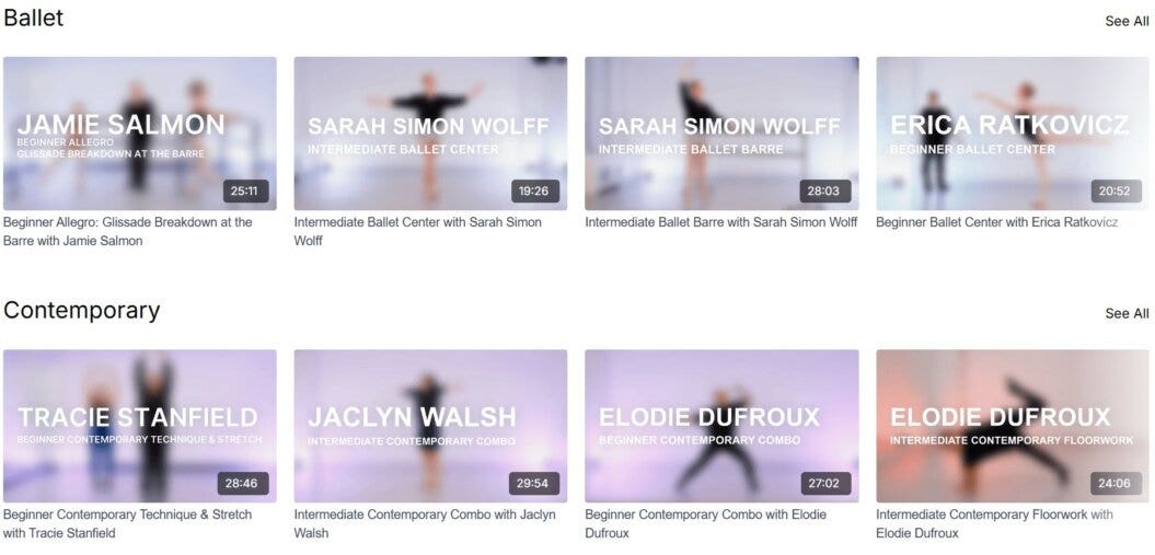 an image of Broadway Dance Center Online’s catalog organized by dance style