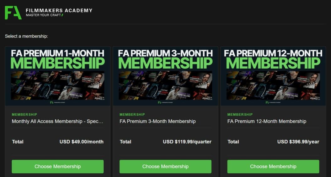 an image of the Filmmakers Academy's pricing page featuring three plans