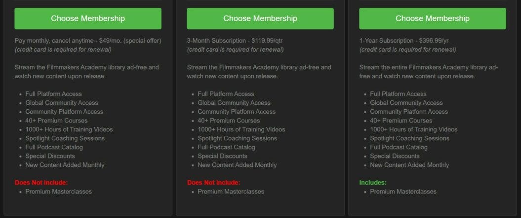 an image of the Filmmakers Academy's pricing page featuring detailed membership plans