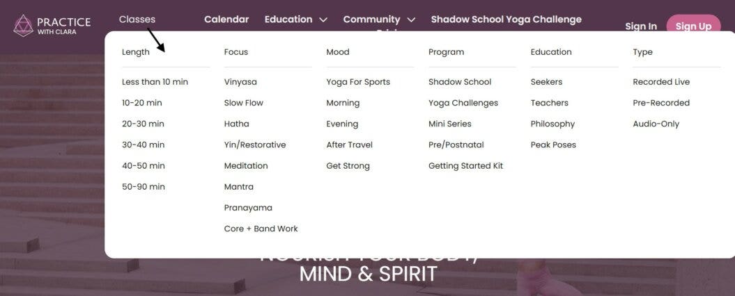 an image of the Classes dropdown under the primary navigation tab of Practice With Clara site
