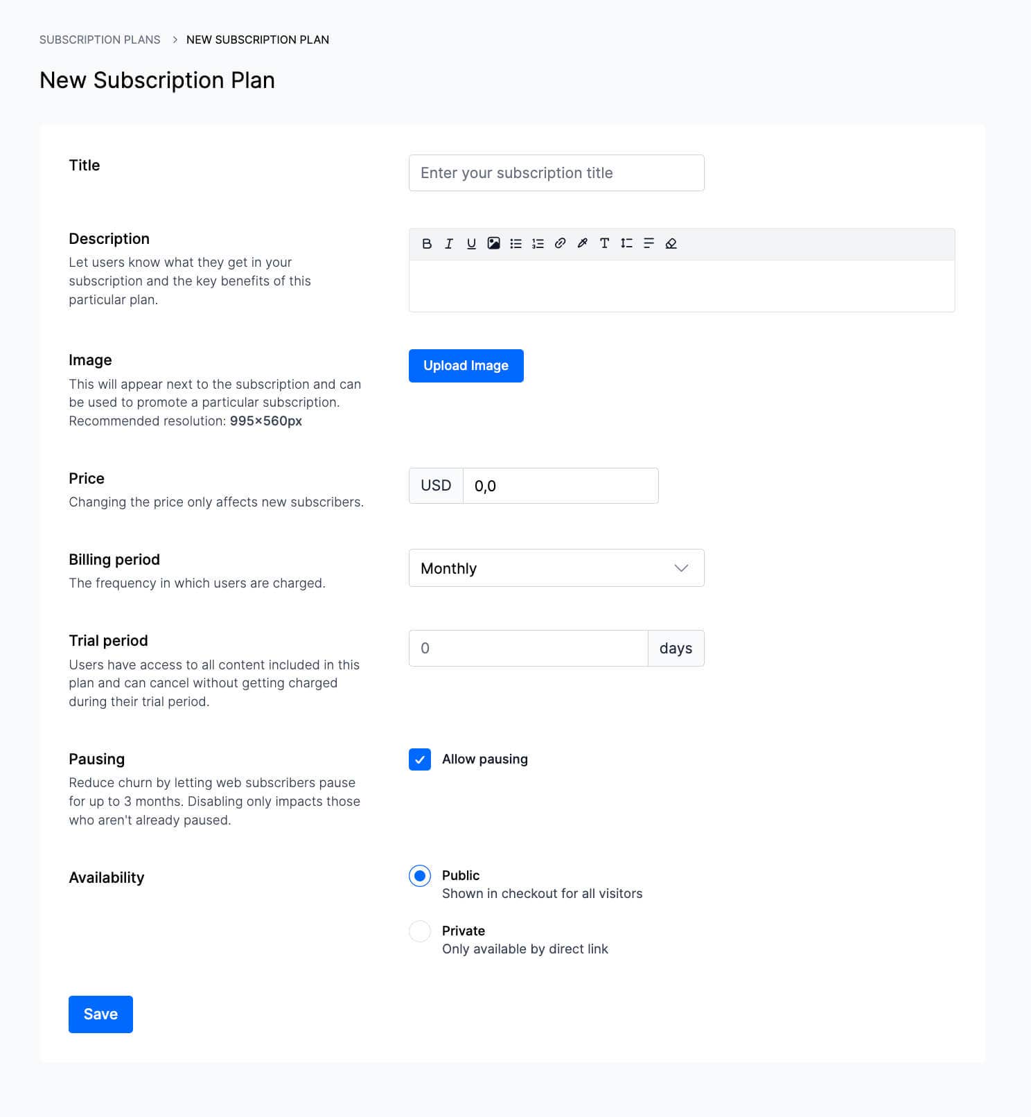Uscreen platform screenshot showing how to setup subscription settings