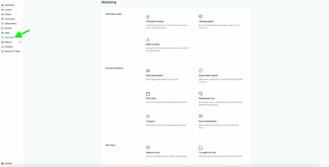 an image of Uscreen's web editor marketing tab