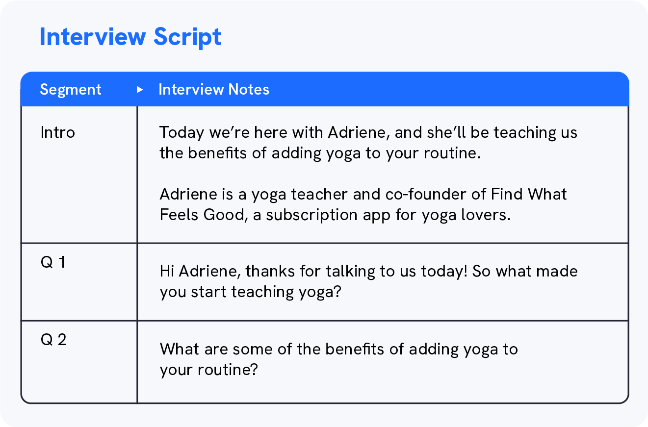 A graphic shows an example of an interview video script, also a Uscreen video script template that’s downloadable for free.