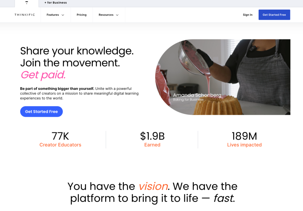 an image showing the landing page of Thinkific featuring the number of creators