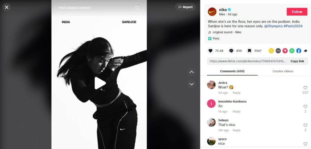screenshot from Nike's tiktok of one of its vertical videos