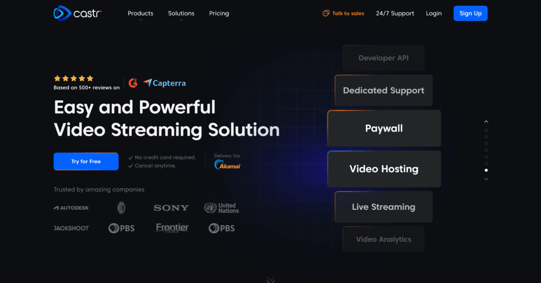 Castr homepage showing its all-in-one live streaming and VOD platform
