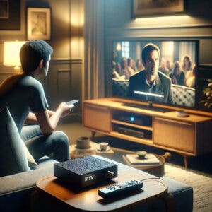 dall-e generated image of person sat watching tv using IPTV on smart TV